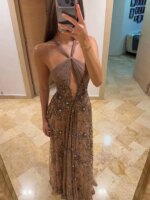 Vestido de Noche Halter con Nudo Cruzado, Escote en V Profundo, Tul Transparente, Floral, con Cuentas y Lentejuelas, Ajustado, Largo hasta el Suelo, para Banquete, Gala, Fiesta de Graduación