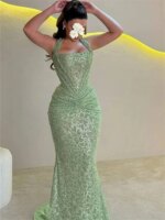 Vestidos de fiesta personalizados Sansa en verde menta con cuello halter, cintura fruncida y encaje con lentejuelas, largos hasta el suelo, para eventos formales y fiestas de noche. - Imagen 2