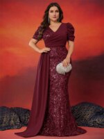 Vestidos de Noche Elegantes de Talla Grande con Lentejuelas y Manga Corta para Mujer, Vestidos de Lujo de Sirena para Fiesta de Boda y Dama de Honor - Imagen 4