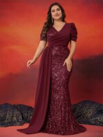 Vestidos de Noche Elegantes de Talla Grande con Lentejuelas y Manga Corta para Mujer, Vestidos de Lujo de Sirena para Fiesta de Boda y Dama de Honor