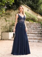 Correas espaguetis azul marino una línea vestidos De noche 2025 elegante apliques De cuentas ilusión vestidos De graduación fiesta Formal Vestido De Gala - Imagen 5