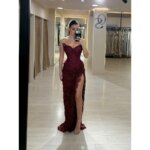 Vestido de Noche de Sirena con Encaje Exquisito Color Borgoña Personalizado Cathy, Vestidos de Noche Largos hasta el Suelo con Abertura Lateral Alta, Vestido de Noche Formal 2026 - Imagen 6