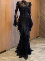 Vestido de noche formal para mujer Sansa personalizado en color blanco marfil, con cuello alto, mangas acampanadas de encaje transparente, flecos escalonados y encaje, estilo sirena, largo maxi. - Imagen 3