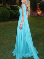 Vestidos de Noche Elegantes de Chifón Azul con Pedrería Personalizados Contessa, Estilo A-Line sin Tirantes con Chal, Plisados Formales para Fiesta de Gala - Imagen 3