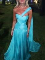 Vestidos de Noche Elegantes de Chifón Azul con Pedrería Personalizados Contessa, Estilo A-Line sin Tirantes con Chal, Plisados Formales para Fiesta de Gala - Imagen 2