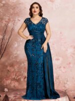 Vestidos de Noche Formales de Talla Grande con Mangas Casquillo Elegantes, Lentejuelas, Parches y Cintas, Vestidos de Fiesta de Lujo con Cuello en V y Largo hasta el Suelo - Imagen 2