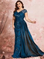 Vestidos de Noche Formales de Talla Grande con Mangas Casquillo Elegantes, Lentejuelas, Parches y Cintas, Vestidos de Fiesta de Lujo con Cuello en V y Largo hasta el Suelo - Imagen 4