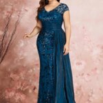 Vestidos de Noche Formales de Talla Grande con Mangas Casquillo Elegantes, Lentejuelas, Parches y Cintas, Vestidos de Fiesta de Lujo con Cuello en V y Largo hasta el Suelo