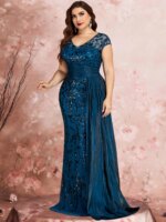 Vestidos de Noche Formales de Talla Grande con Mangas Casquillo Elegantes, Lentejuelas, Parches y Cintas, Vestidos de Fiesta de Lujo con Cuello en V y Largo hasta el Suelo