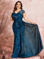 Vestidos de Noche Formales de Talla Grande con Mangas Casquillo Elegantes, Lentejuelas, Parches y Cintas, Vestidos de Fiesta de Lujo con Cuello en V y Largo hasta el Suelo - Imagen 5