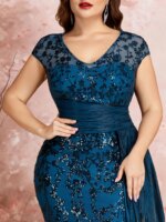 Vestidos de Noche Formales de Talla Grande con Mangas Casquillo Elegantes, Lentejuelas, Parches y Cintas, Vestidos de Fiesta de Lujo con Cuello en V y Largo hasta el Suelo - Imagen 6