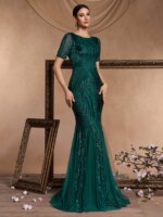 Vestidos de noche elegantes de manga corta con lentejuelas y tul, vestidos de fiesta largos de lujo para mujer, estilo sirena, para damas de honor, fiestas y graduaciones. - Imagen 4