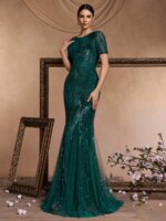 Vestidos de noche elegantes de manga corta con lentejuelas y tul, vestidos de fiesta largos de lujo para mujer, estilo sirena, para damas de honor, fiestas y graduaciones. - Imagen 5