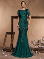 Vestidos de noche elegantes de manga corta con lentejuelas y tul, vestidos de fiesta largos de lujo para mujer, estilo sirena, para damas de honor, fiestas y graduaciones.