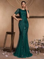 Vestidos de noche elegantes de manga corta con lentejuelas y tul, vestidos de fiesta largos de lujo para mujer, estilo sirena, para damas de honor, fiestas y graduaciones. - Imagen 3