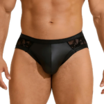 Ropa Interior Masculina de Encaje de Cuero PU Negro, Calzoncillos Triangulares Sexys con Bolsa en Forma de U, Elásticos y Ajustables, Talla Grande