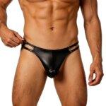 Calzoncillos de hombre sexys de piel sintética metálica con doble correa ajustable, bolsa en U, estilo bikini, tiro bajo, tallas S-XL, color negro, para luna de miel