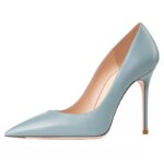 2025 primavera nuevo puntiagudo tacones altos de mujer azul claro zapatos de tacón de aguja de cuero suave temperamento de lujo fiesta graduación zapatos de mujer - Imagen 5