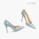 2025 primavera nuevo puntiagudo tacones altos de mujer azul claro zapatos de tacón de aguja de cuero suave temperamento de lujo fiesta graduación zapatos de mujer - Imagen 3