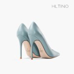 2025 primavera nuevo puntiagudo tacones altos de mujer azul claro zapatos de tacón de aguja de cuero suave temperamento de lujo fiesta graduación zapatos de mujer