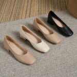 Mujer elegante punta cuadrada conciso negro 4CM tacón alto mujer poco profunda Retro Mary Janes cómodos lindos mocasines zapatos Lolita