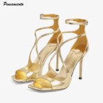 Sandalias de gladiador de moda para mujer, de charol con punta abierta, con tira estrecha sexy al tobillo, tacones de aguja dorados, zapatos de fiesta de verano