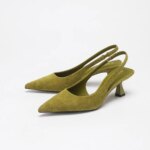 Zapatos de tacón bajo elegantes para mujer, color verde oliva, de ante sintético, con tira trasera, punta en pico, para fiesta, oficina o vestir.
