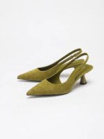 Zapatos de tacón bajo elegantes para mujer, color verde oliva, de ante sintético, con tira trasera, punta en pico, para fiesta, oficina o vestir.