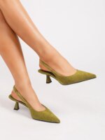 Zapatos de tacón bajo elegantes para mujer, color verde oliva, de ante sintético, con tira trasera, punta en pico, para fiesta, oficina o vestir. - Imagen 5