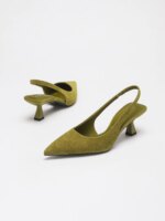 Zapatos de tacón bajo elegantes para mujer, color verde oliva, de ante sintético, con tira trasera, punta en pico, para fiesta, oficina o vestir. - Imagen 2