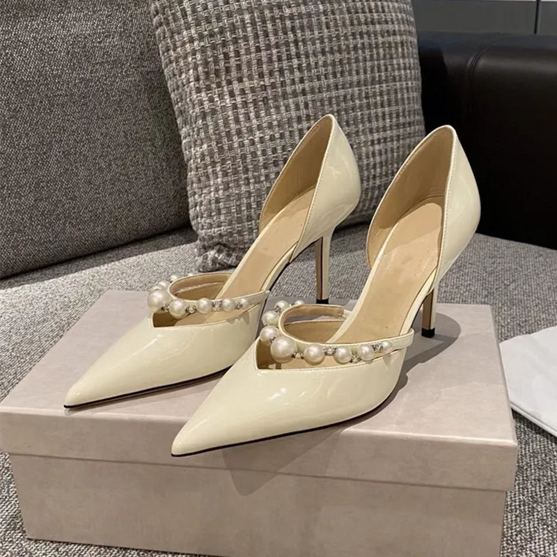 70814-hfyhr9.jpg Zapatos de Tacón Alto Elegantes para Mujer, Estilo Estrella, con Perlas de Lujo y Pedrería, de Charol, con Punta Puntiaguda, para Fiestas y Bodas - Imagen 1