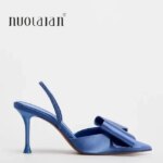 Sandalias de tacón alto con lazo a la moda para mujer, zapatos de tacón con talón descubierto, elegantes, de satén, con punta en pico, para fiesta, 2025 - Imagen 2
