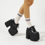 Gdgydh Zapatos de tacón grueso para mujer con cordones elegantes zapatos de tacón con plataforma Oxford para mujer diseño de aumento de altura zapatos de fiesta Cosplay - Imagen 2