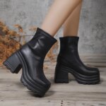 Nuevas botas cortas de moda para mujer, botas de cuero sexis con punta cuadrada, tacones altos informales con cremallera, Zapatos informales de suela gruesa para mujer - Imagen 2