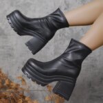 Nuevas botas cortas de moda para mujer, botas de cuero sexis con punta cuadrada, tacones altos informales con cremallera, Zapatos informales de suela gruesa para mujer - Imagen 4