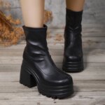 Nuevas botas cortas de moda para mujer, botas de cuero sexis con punta cuadrada, tacones altos informales con cremallera, Zapatos informales de suela gruesa para mujer - Imagen 5