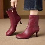 Botines de Mujer Dilalula 2027 de Piel de Vaca Auténtica con Punta Redonda, Bordado de Hojas y Tacón de Aguja Delgado para Fiesta y Cita, Botines para Mujeres Jóvenes - Imagen 2