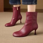 Botines de Mujer Dilalula 2027 de Piel de Vaca Auténtica con Punta Redonda, Bordado de Hojas y Tacón de Aguja Delgado para Fiesta y Cita, Botines para Mujeres Jóvenes - Imagen 3