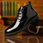 Botines de hombre negros brillantes con cordones, de caña alta, suela gruesa, calzado de moda casual y de negocios para hombre. - Imagen 5