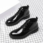 Botines de hombre negros brillantes con cordones, de caña alta, suela gruesa, calzado de moda casual y de negocios para hombre. - Imagen 4