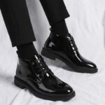 Botines de hombre negros brillantes con cordones, de caña alta, suela gruesa, calzado de moda casual y de negocios para hombre. - Imagen 3