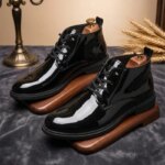 Botines de hombre negros brillantes con cordones, de caña alta, suela gruesa, calzado de moda casual y de negocios para hombre. - Imagen 2
