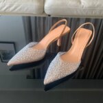 Moda de verano 2024, tacones altos para mujer, decoración de perlas, zapatos de tacón con talón descubierto para mujer, Sandalias de tacón alto con punta estrecha, zapatos elegantes para mujer - Imagen 2