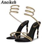 Aneikeh, sandalias de gladiador para mujer con correa en el tobillo enrolladas de serpiente de cristal de lujo estilo estrella, zapato Sexy de tacón alto de aguja para fiesta de verano y graduación