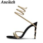 Aneikeh, sandalias de gladiador para mujer con correa en el tobillo enrolladas de serpiente de cristal de lujo estilo estrella, zapato Sexy de tacón alto de aguja para fiesta de verano y graduación - Imagen 2