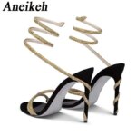 Aneikeh, sandalias de gladiador para mujer con correa en el tobillo enrolladas de serpiente de cristal de lujo estilo estrella, zapato Sexy de tacón alto de aguja para fiesta de verano y graduación - Imagen 3