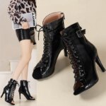 2024 nueva moda mujer negro con cordones tacones altos Jazz principiante 9CM tacones punta abierta Sexy fiesta baile zapato verano sandalia botas cortas