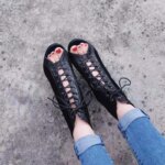 Sandalias con cordones, tacones de 9CM, zapatos de mujer, tendencia de verano 20224, botas sexis negras con punta abierta, tacones de aguja de tela a la moda, baile de Jazz para mujer - Imagen 4