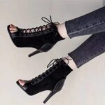 Sandalias con cordones, tacones de 9CM, zapatos de mujer, tendencia de verano 20224, botas sexis negras con punta abierta, tacones de aguja de tela a la moda, baile de Jazz para mujer - Imagen 3