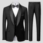 Conjunto negro de tres piezas para fiesta de boda de otoño para hombre, chaqueta masculina de talla grande, abrigo, pantalones y chaleco, traje ajustado a la moda